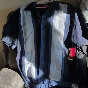 VTG 80- 90s SOBRINO Sears Vertical Panel Camp Shirt Men’s L Navy  NOS Deadstock